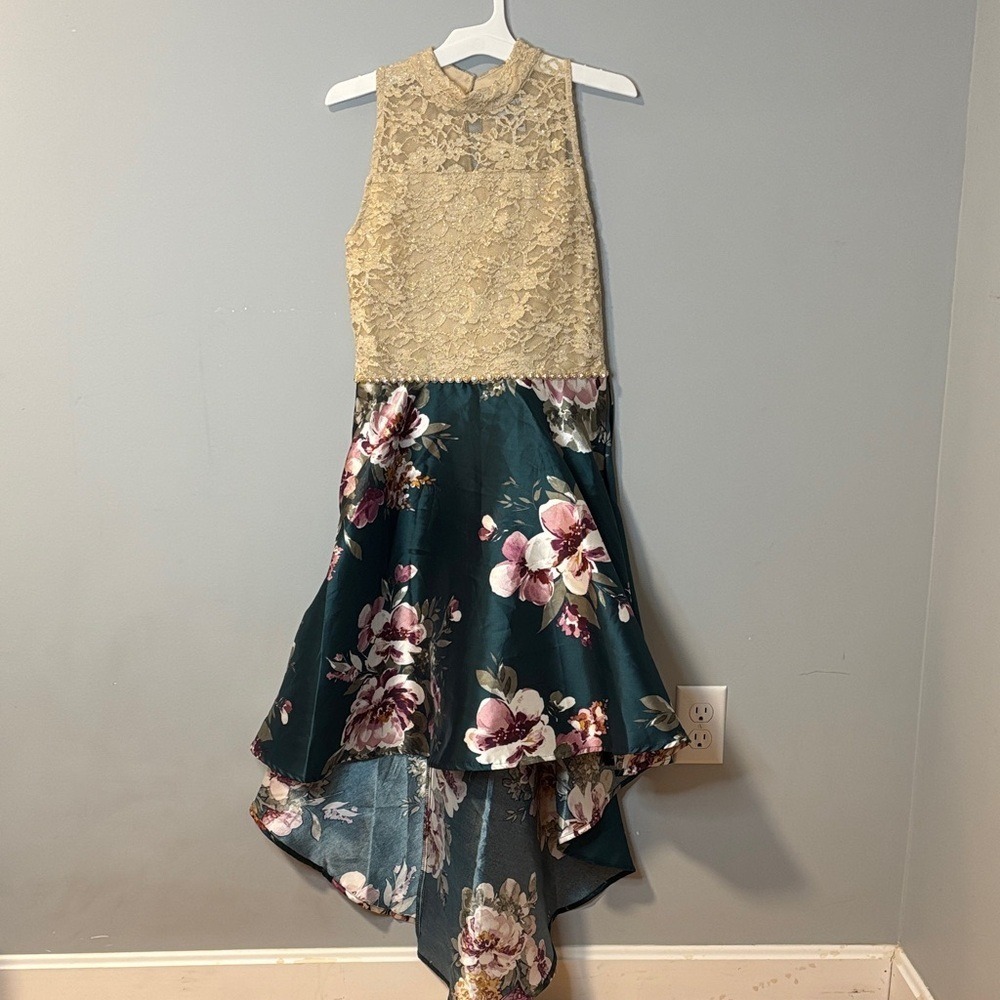 Speechless Kids Gold Lace Teal‎ Floral High-Low Formal Party Dress Size 16